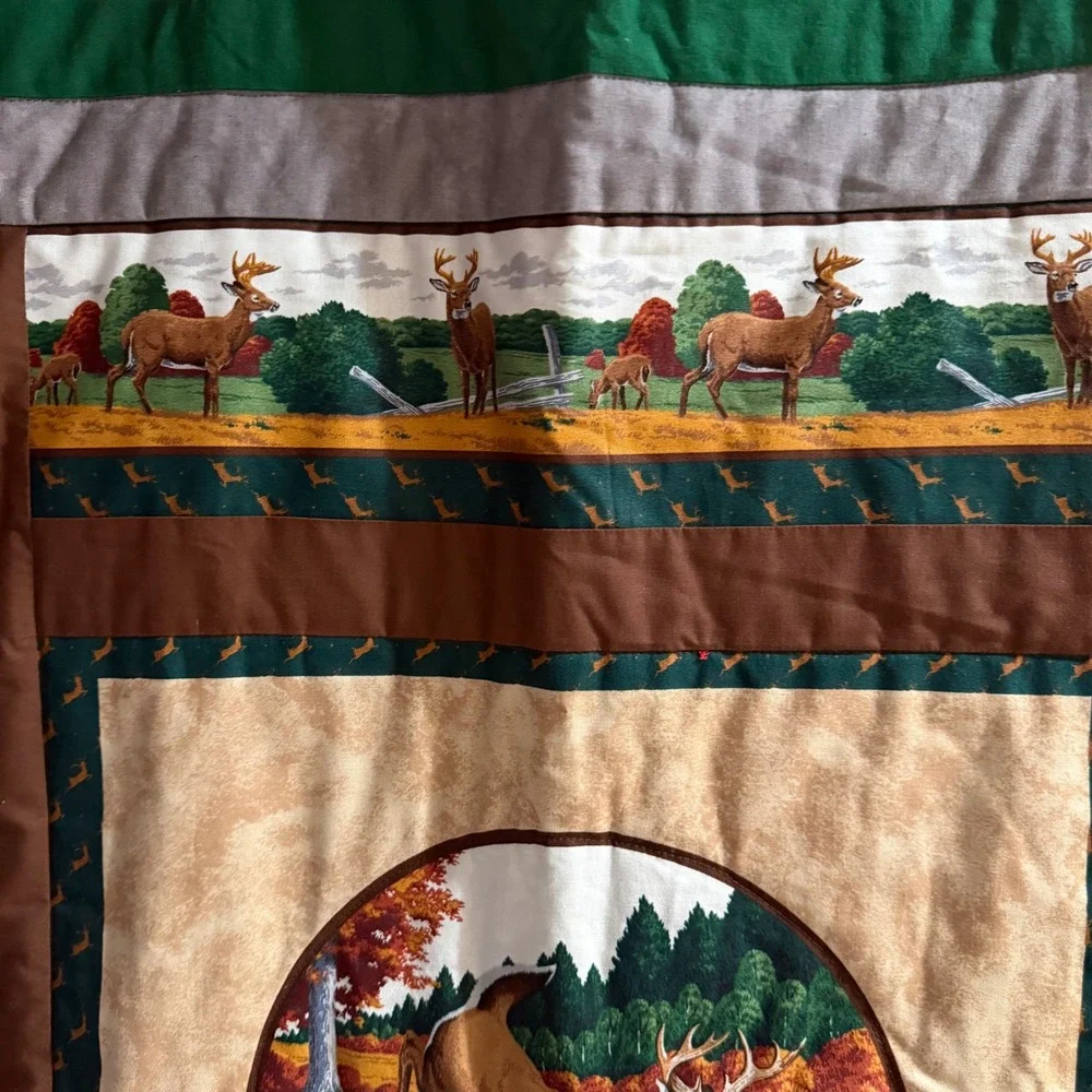 Handmade Deer Wildlife Quilt Throw Brown Green Baby Child Rustic